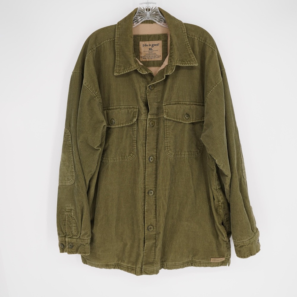 Life Is Good Jacket Mens XL Green Corduroy Military Fleece Lined Button Pockets